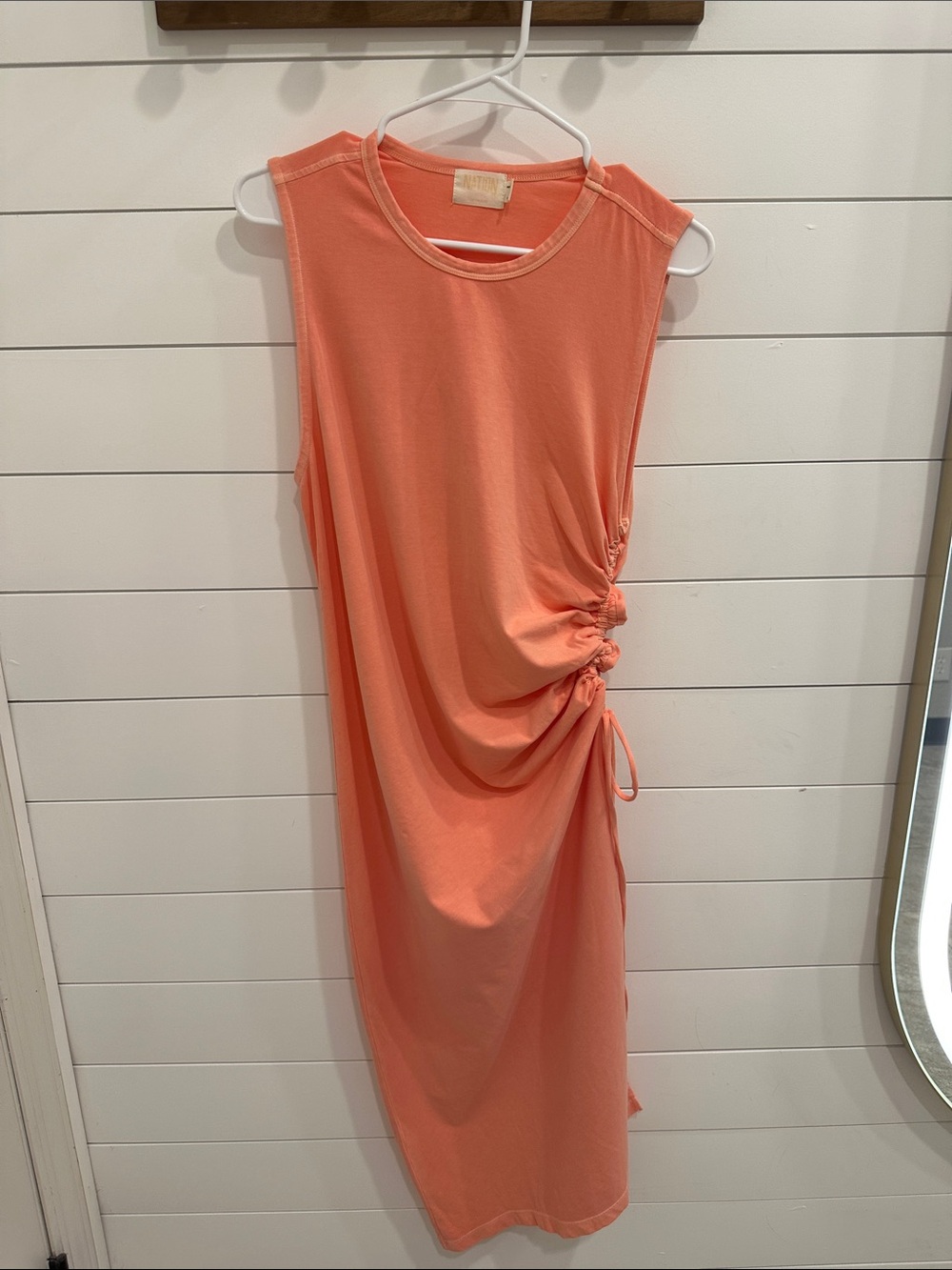 Nation LTD Sleeveless Coral-Orange Side Drawstring Midi Dress